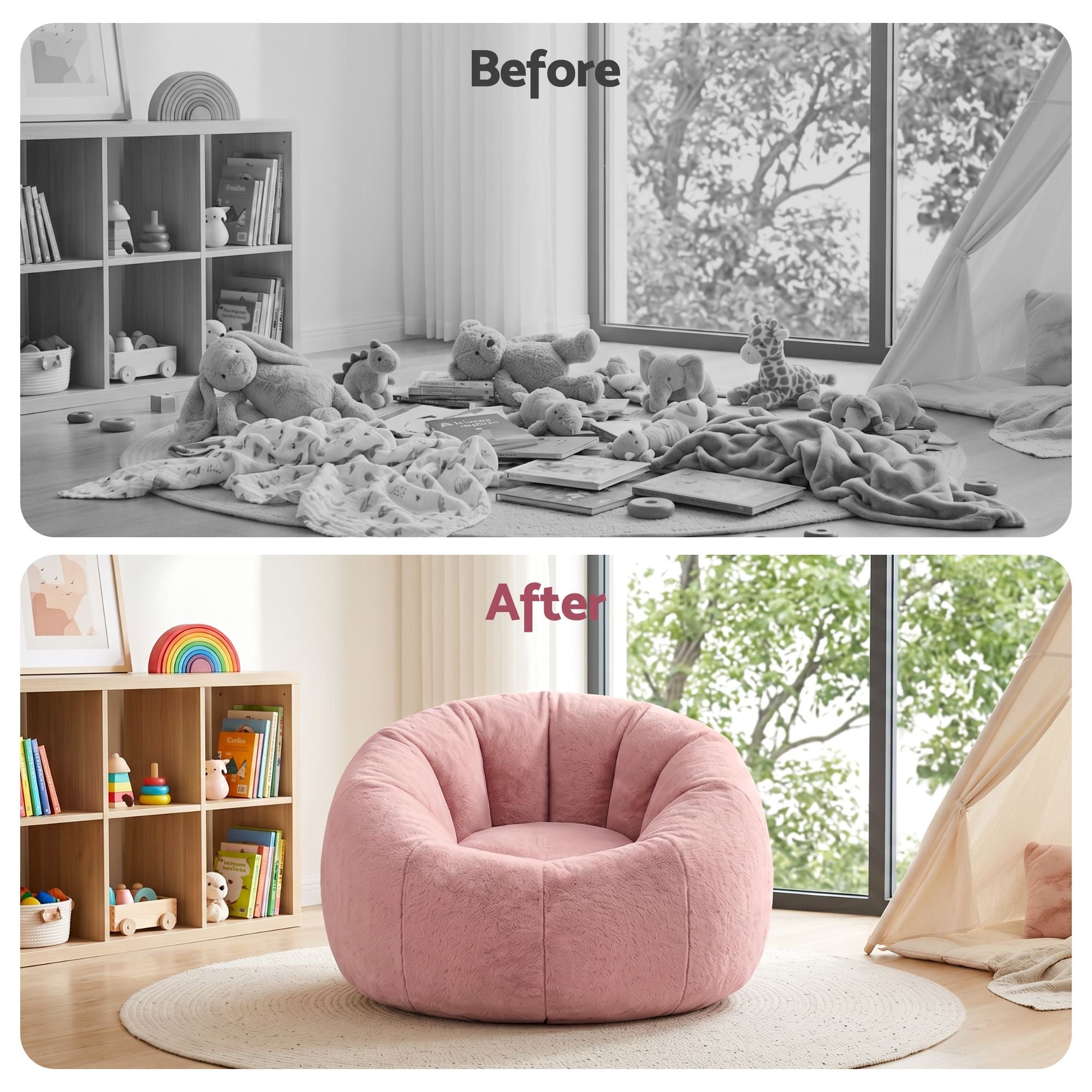 Artiss Bean Bag Chair Cover No Filler Soft Faux Fur Beanbag Cover Large Round Stuffed Animal Storage Bean Bag Cover Washable Lazy Sofa Cover for Adults Kids Teens, Pink