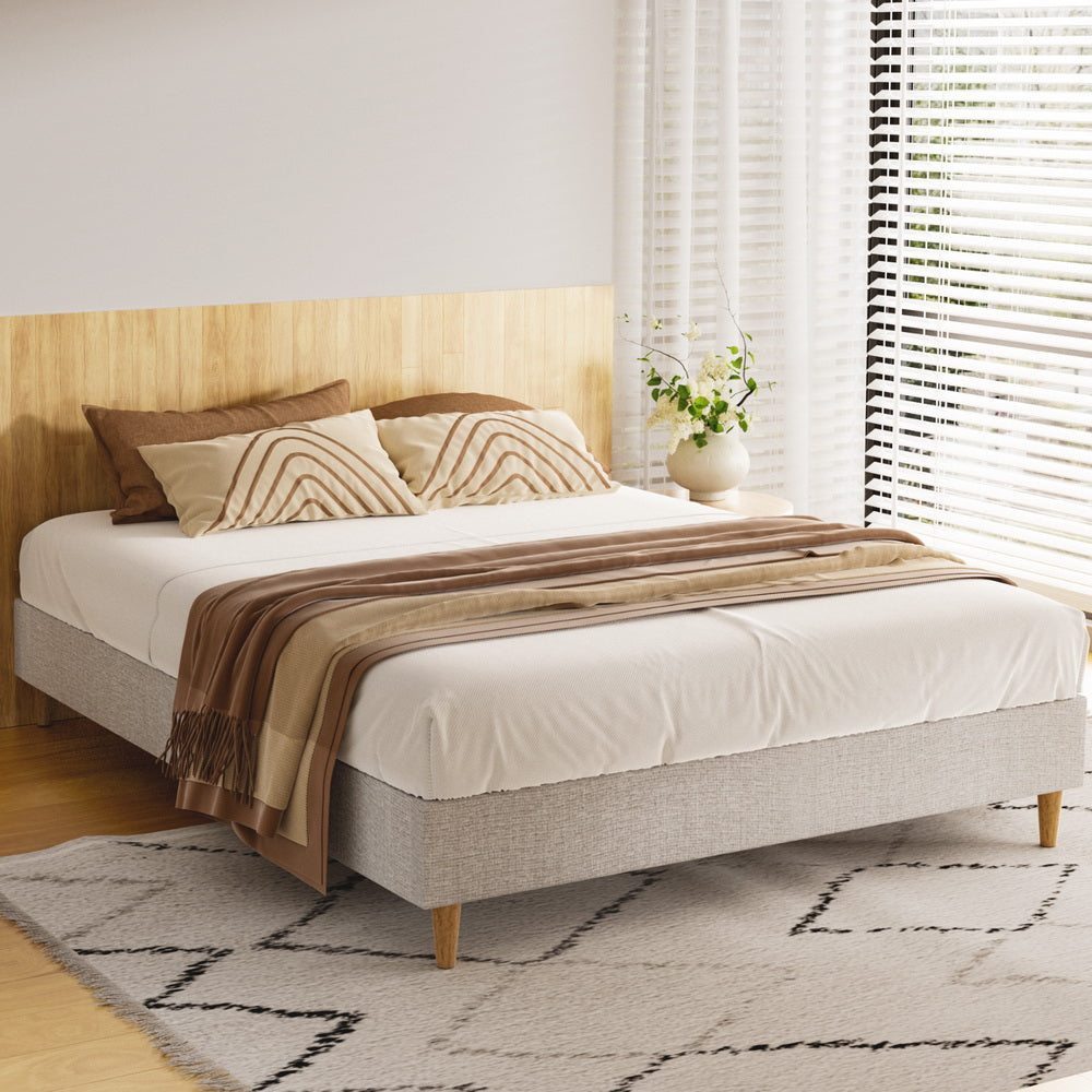 Zora Queen Bed Frame Beige Upholstered