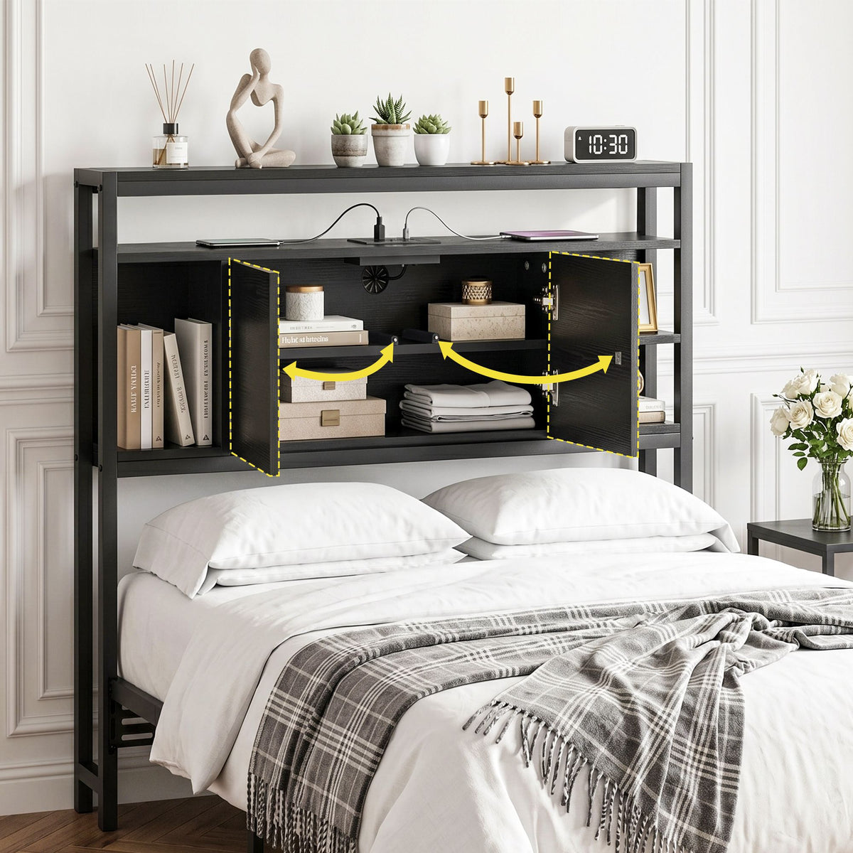 Artiss King Single Storage Bedhead with Charging Station Black