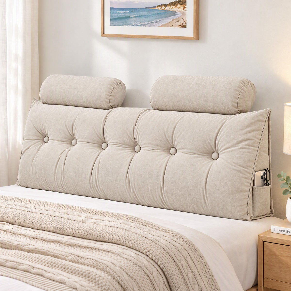 Artiss Headboard Pillow Queen Wedge Backrest Triangular with 2 Cushions Beige