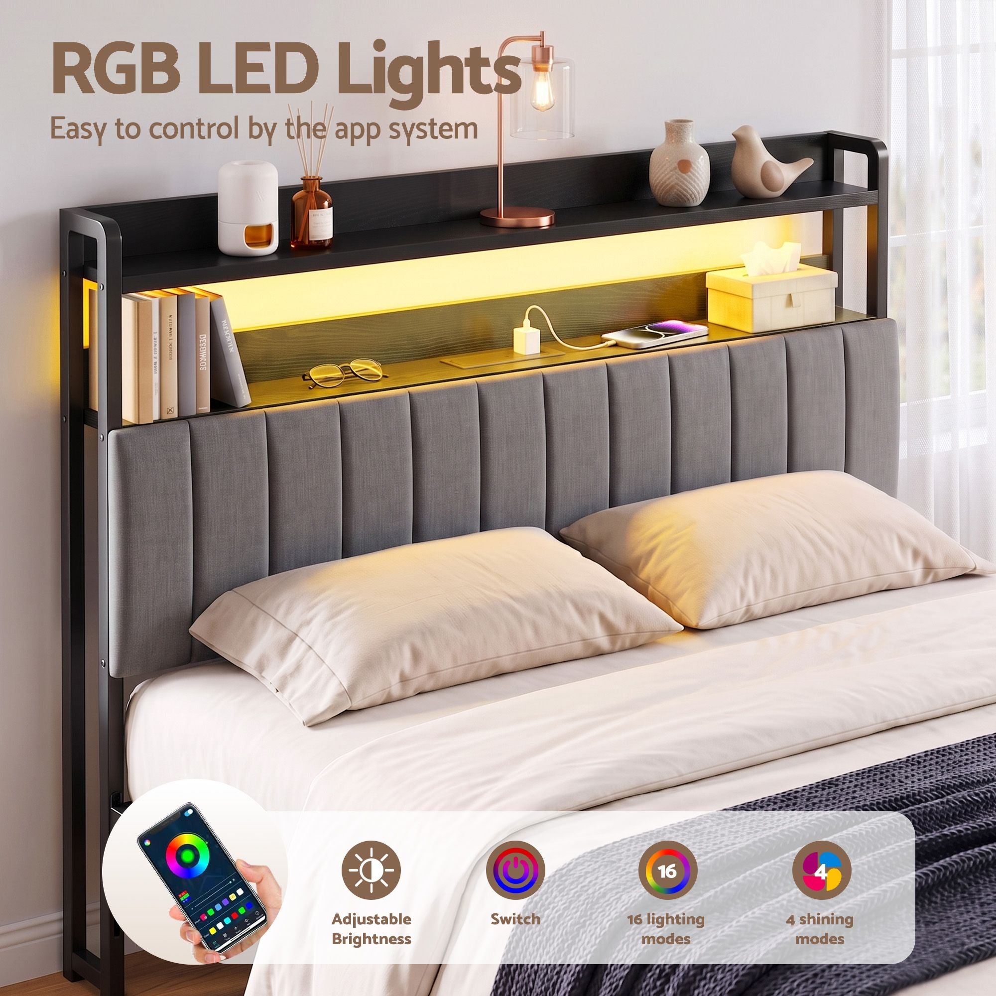 Artiss King Headboard Charging Station Storage LED Light Grey Upholstered