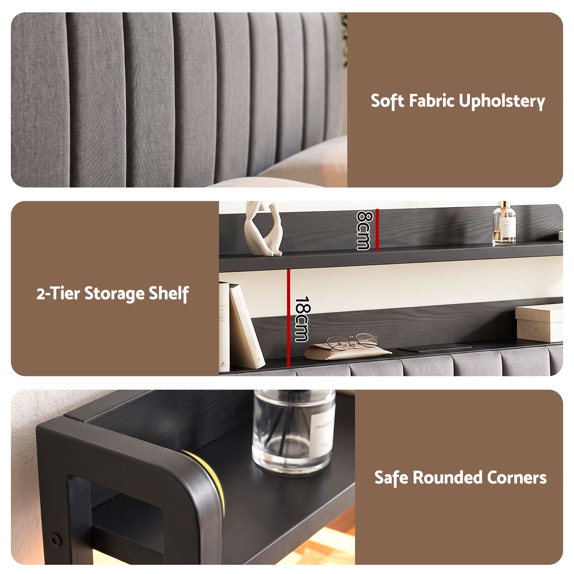 Artiss King Headboard Charging Station Storage LED Light Grey Upholstered
