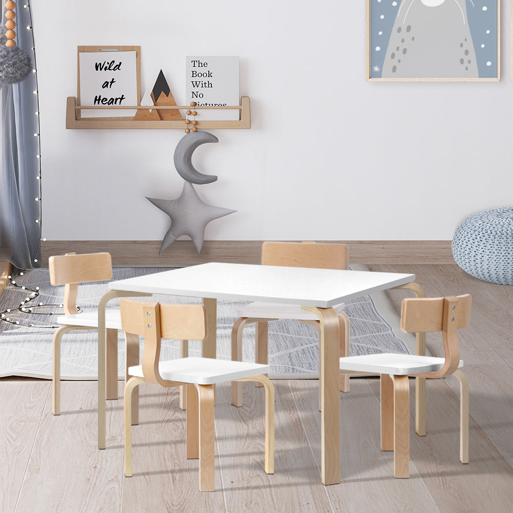 Keezi 5-Piece Kids Activity Table and Chairs Set White/Natural