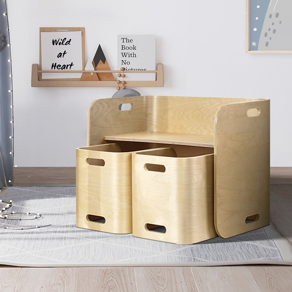 Keezi Kids Table and Chairs Set 3PCS Multifunctional Storage Desk Natural