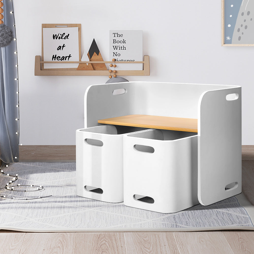 Keezi Kids Table and Chairs Set 3PCS Multifunctional Storage Desk White