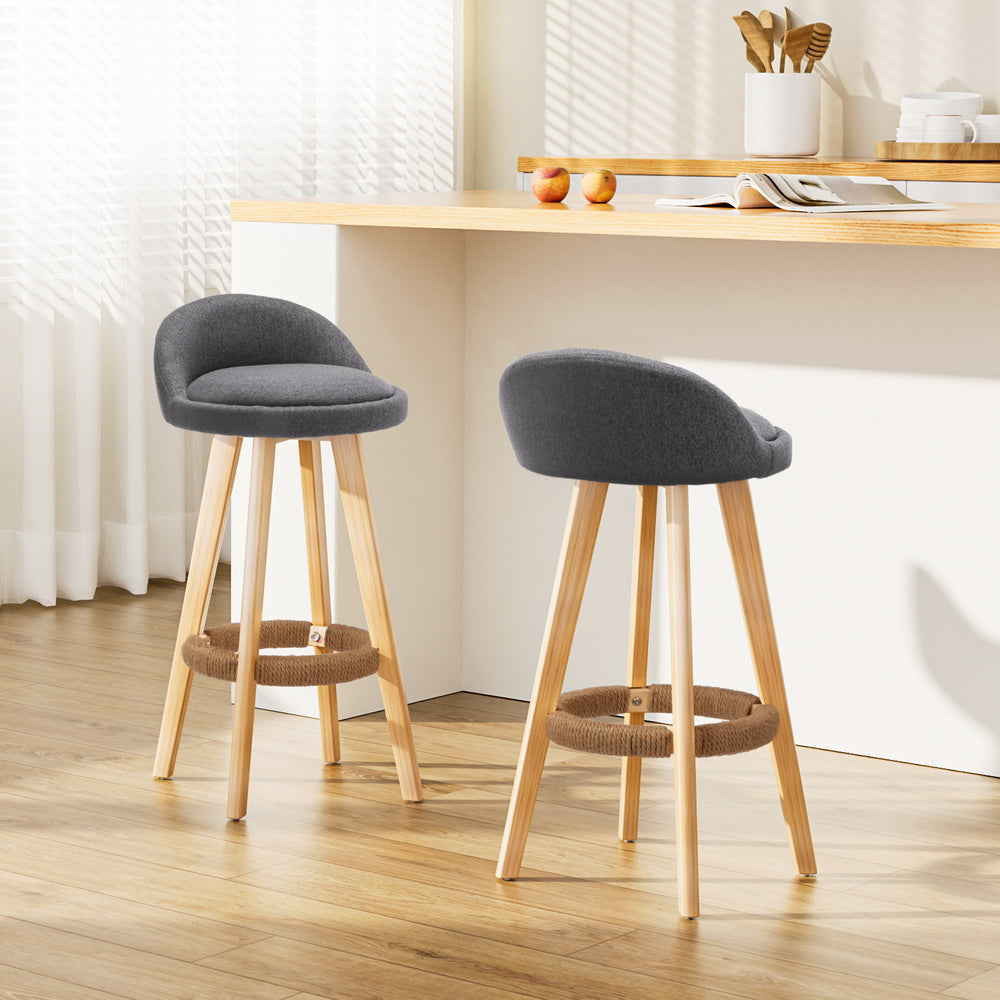 Artiss 2x Bar Stools Padded Linen Wooden Swivel Grey