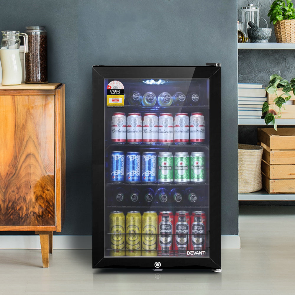 Devanti 115L Bar Fridge Glass Door LED Light Black