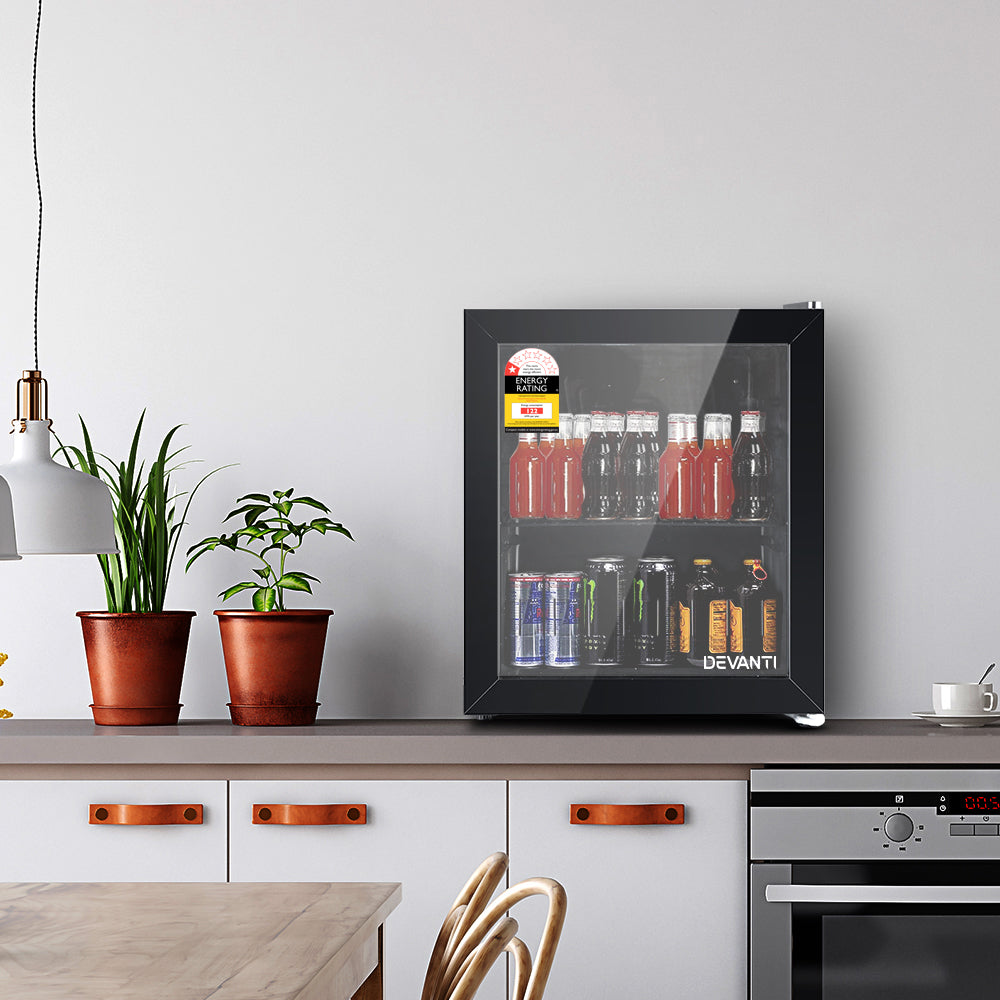 Devanti 46L Portable Bar Fridge with Glass Door, Black