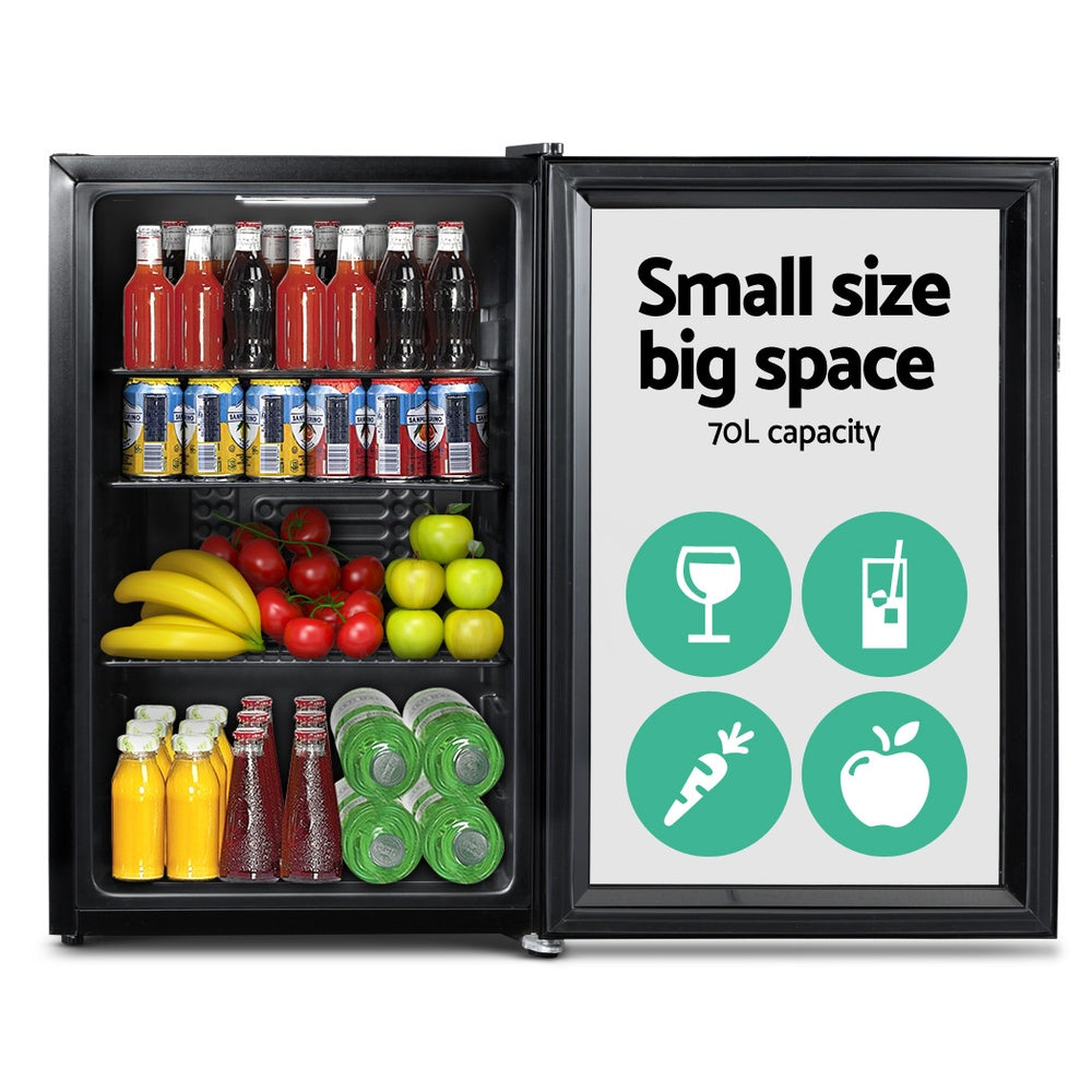 Devanti 70L Bar Fridge Glass Door LED Black