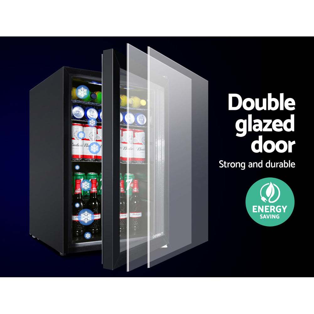 Devanti 70L Bar Fridge Glass Door LED Black