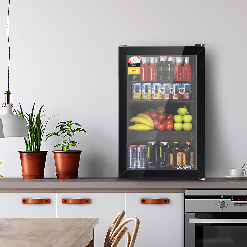 Devanti 70L Bar Fridge Glass Door LED Black