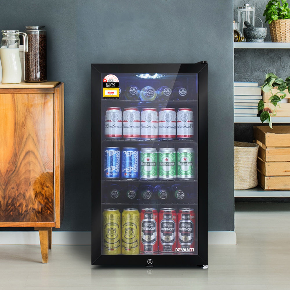 Devanti 98L Mini Bar Fridge with Glass Door Black