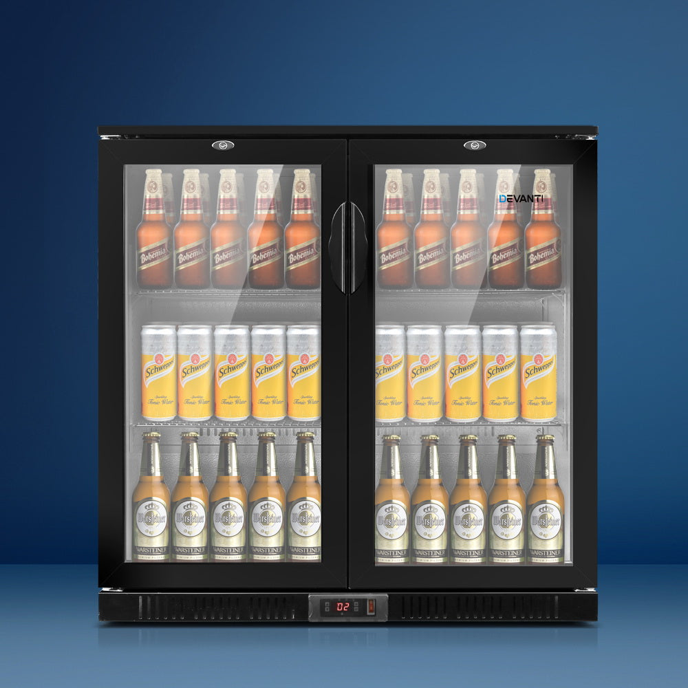 Devanti 198L Bar Fridge Double Glass Door with LED Light Black