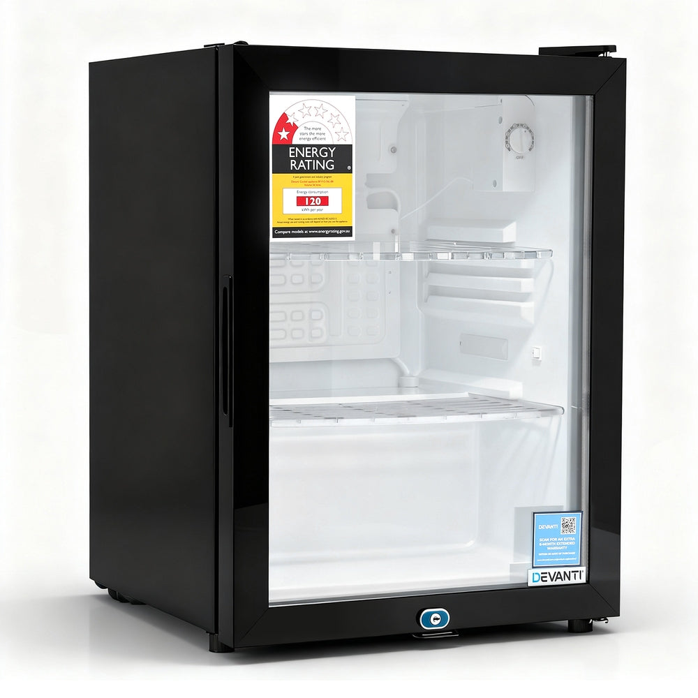 Devanti 56L Glass Door Bar Fridge Mini Fridge Black