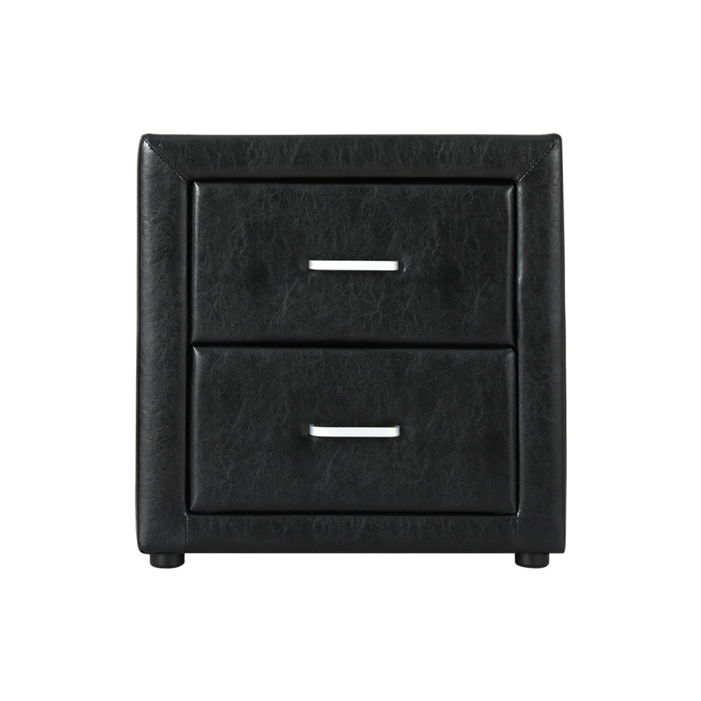 Caden Black Bedside Table 2 Drawers Leather Finish