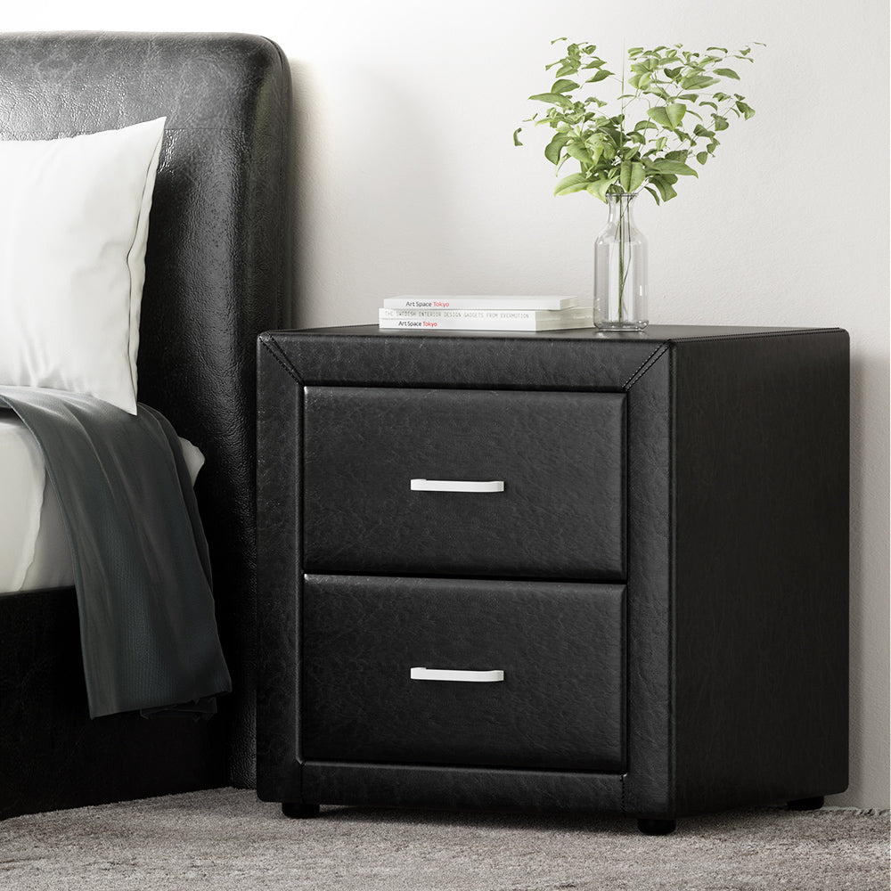 Caden Black Bedside Table 2 Drawers Leather Finish