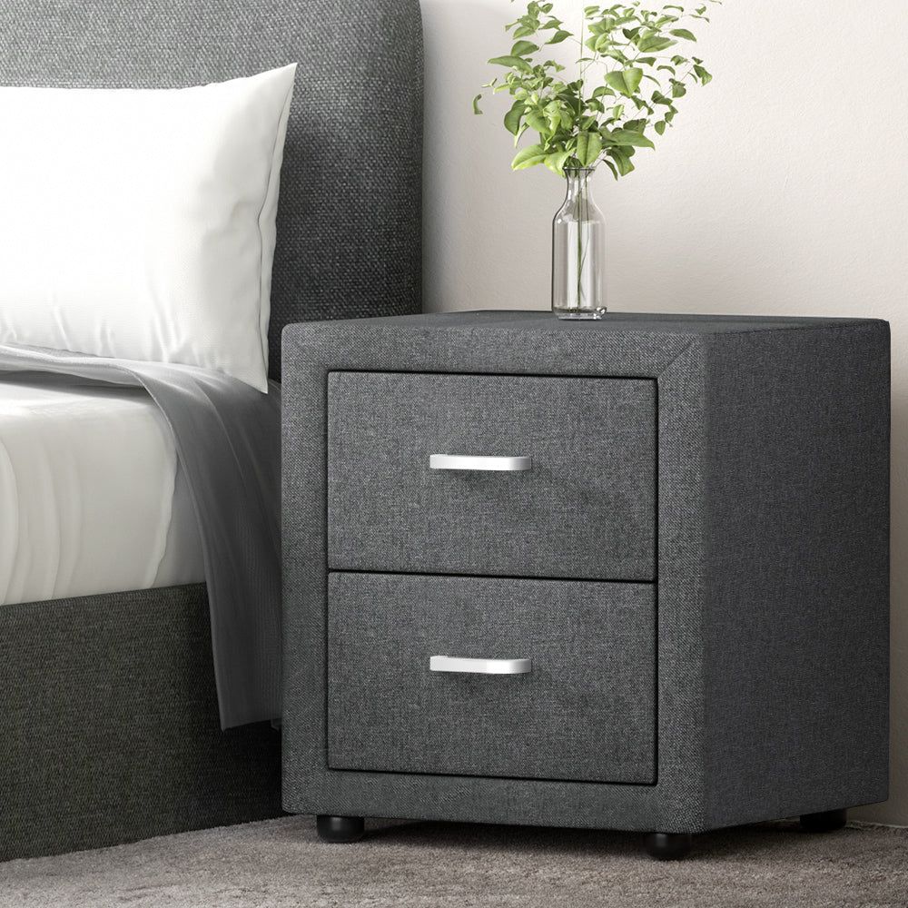 Caden Bedside Table with 2 Drawers Linen Fabric Grey
