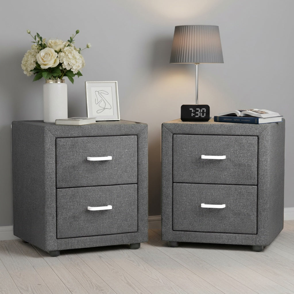 Caden Bedside Table with 2 Drawers Linen Fabric Grey