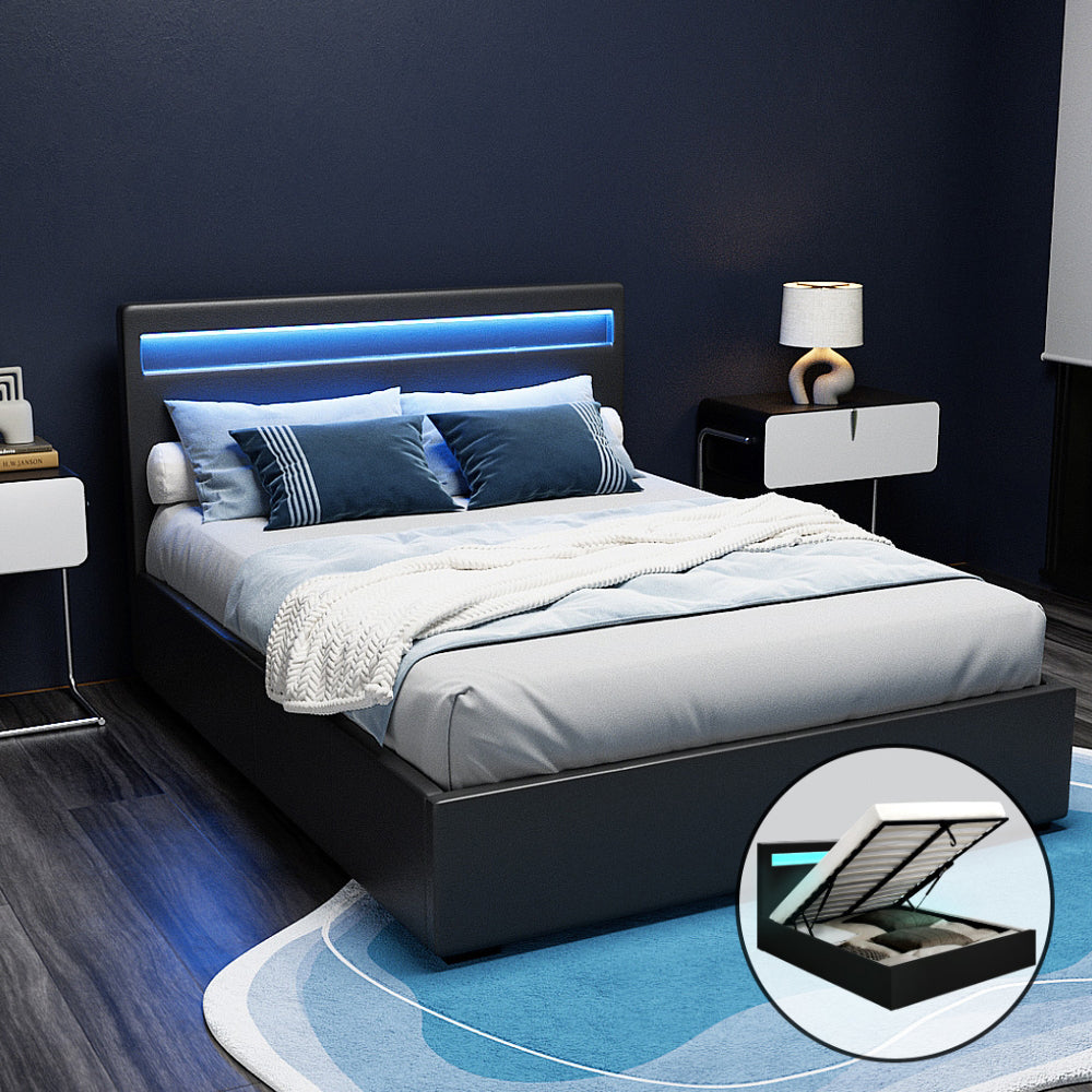 Cole Double Bed Frame LED Gas Lift Storage Black