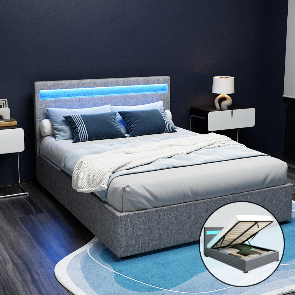Cole Double Bed Frame LED Gas Lift Storage Grey