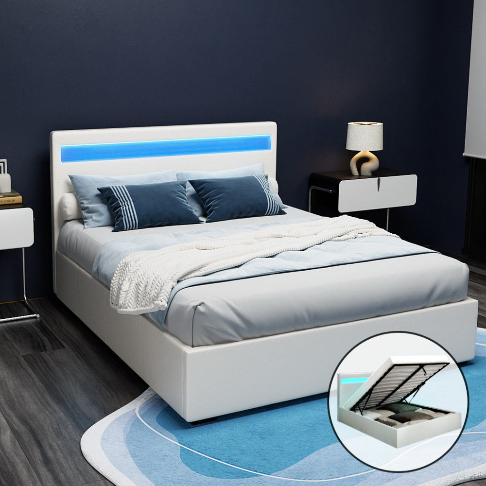 Cole Double Bed Frame LED Gas Lift Storage White