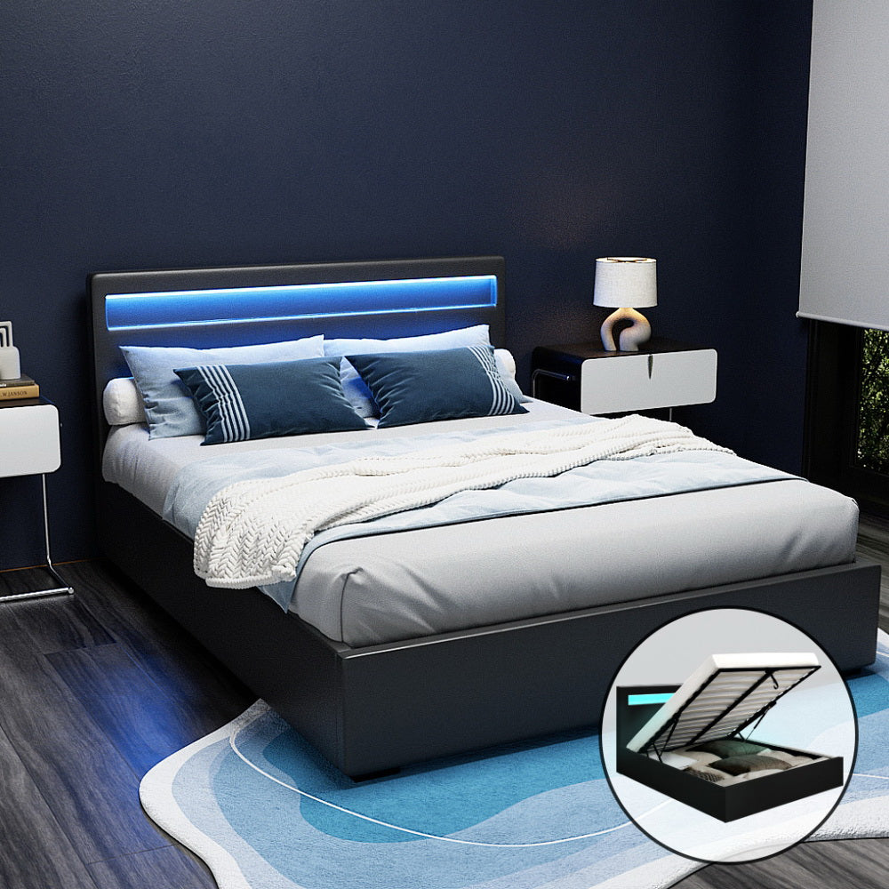 Cole Queen Bed Frame LED Gas Lift Black