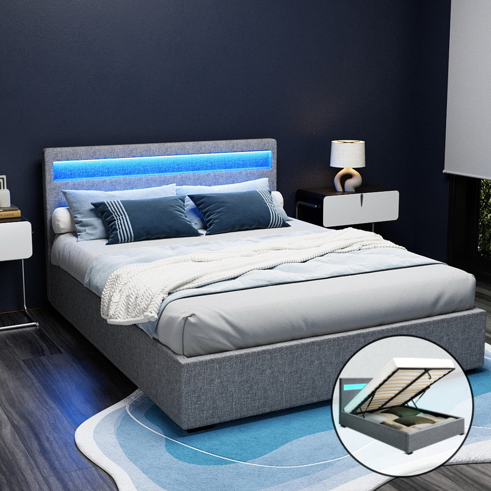 Cole Queen Bed Frame LED Gas Lift Storage Grey