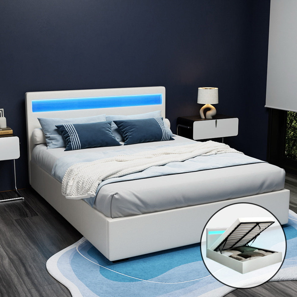 Cole Queen Size Gas Lift Bed Frame With LED Lights White