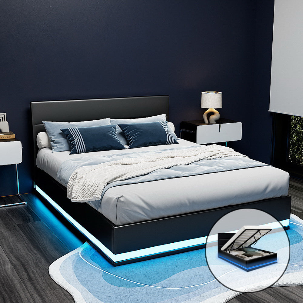 LUMI Queen Bed Frame LED Gas Lift Black