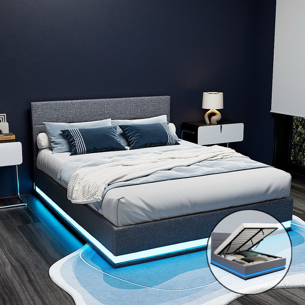 LUMI Queen Bed Frame LED Gas Lift Storage Grey