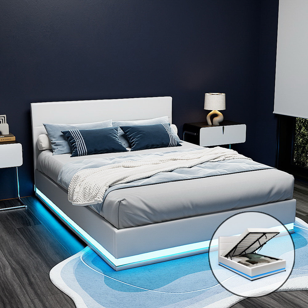 LUMI Queen Bed Frame LED Gas Lift White