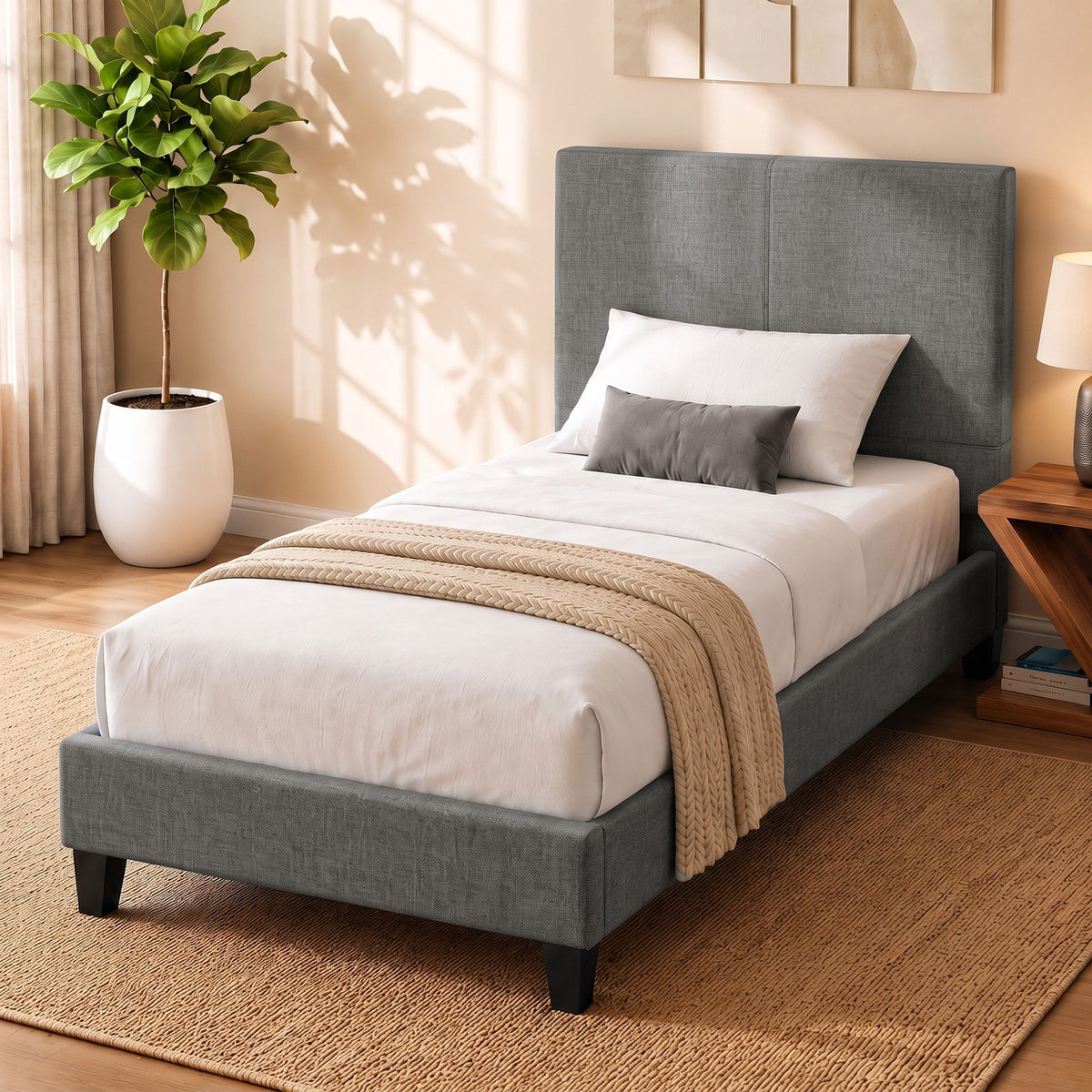 Neo Upholstered King Single Bed Frame Faux Linen Grey