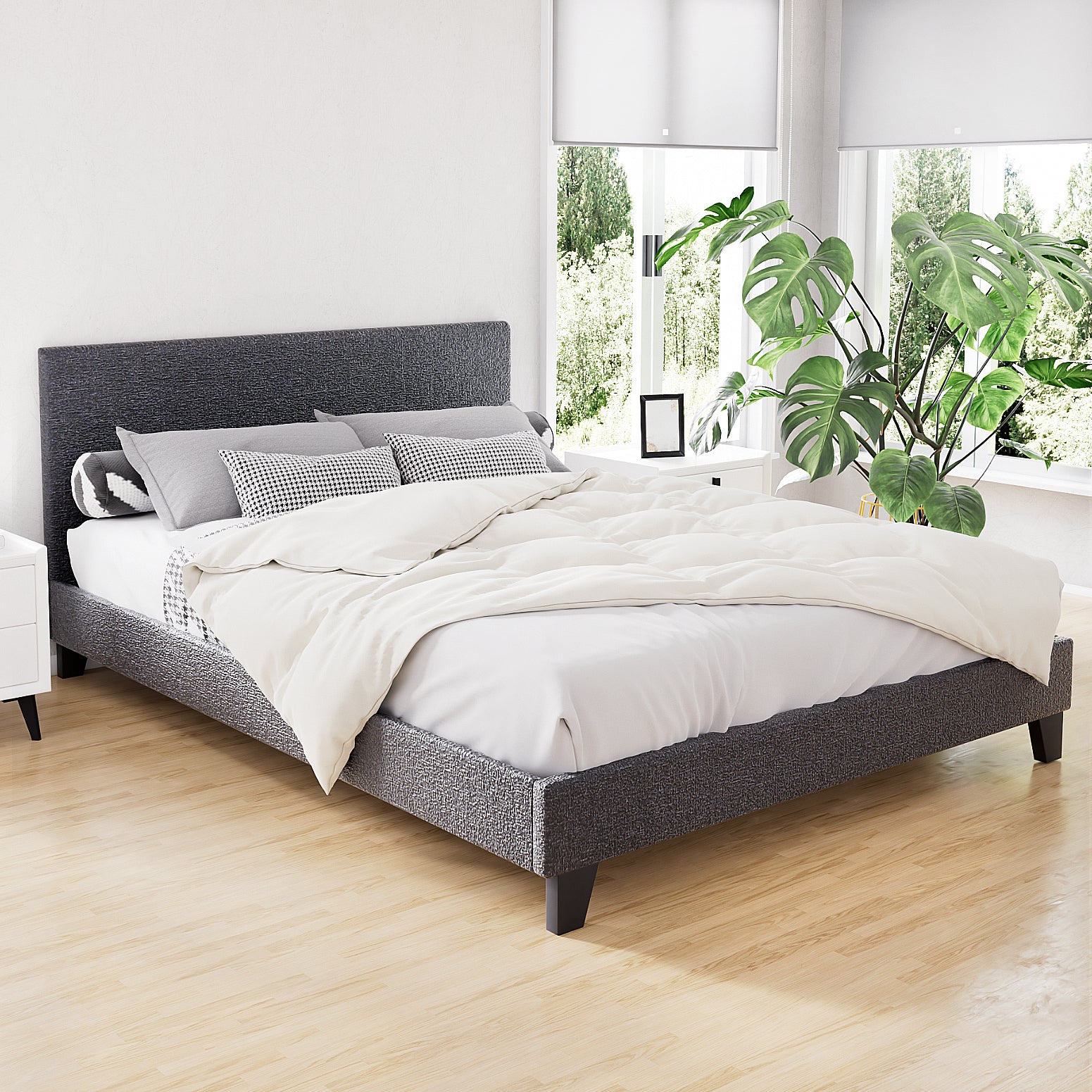 Neo Queen Bed Frame Charcoal Upholstered