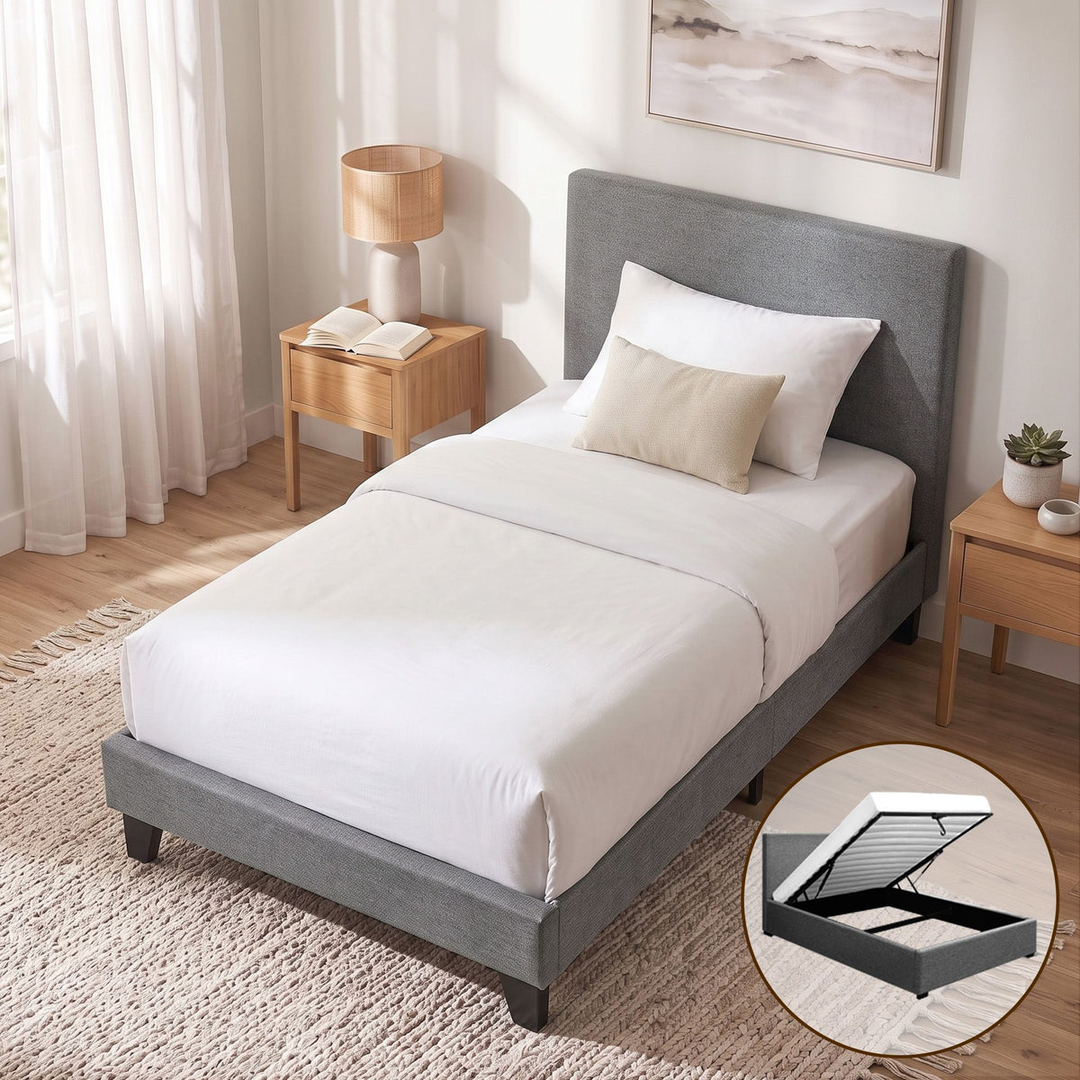 Nino King Single Bed Frame Gas Lift Storage Grey