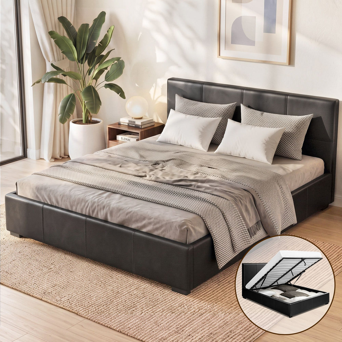 Nino Queen Gas Lift Bed Frame Black PVC Leather