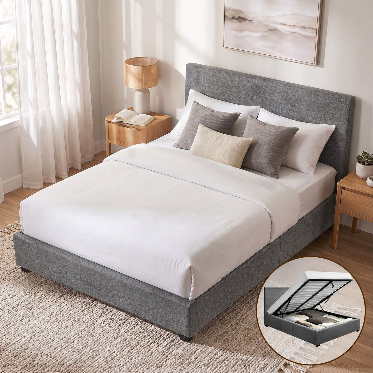 Nino Queen Size Upholstered Gas Lift Bed Frame Grey