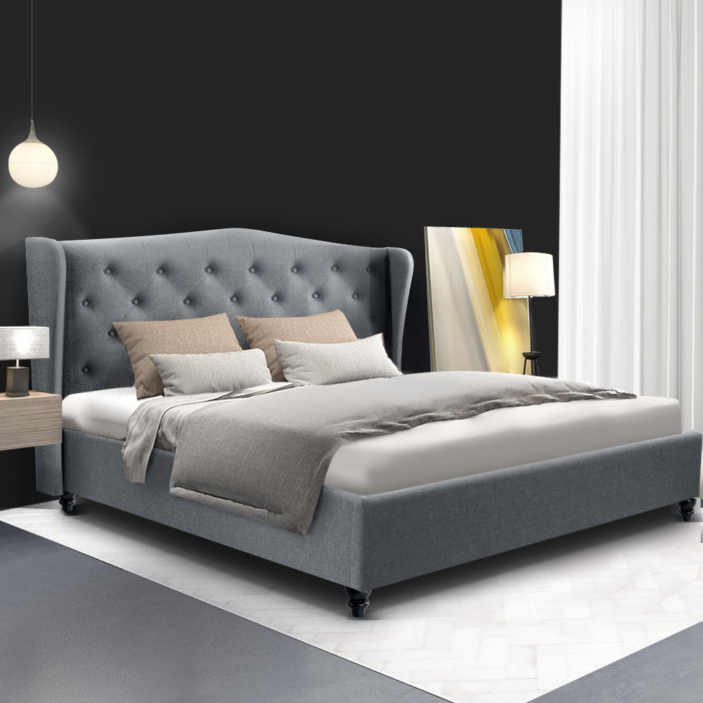 Pier Double Bed Frame Grey Linen Upholstered