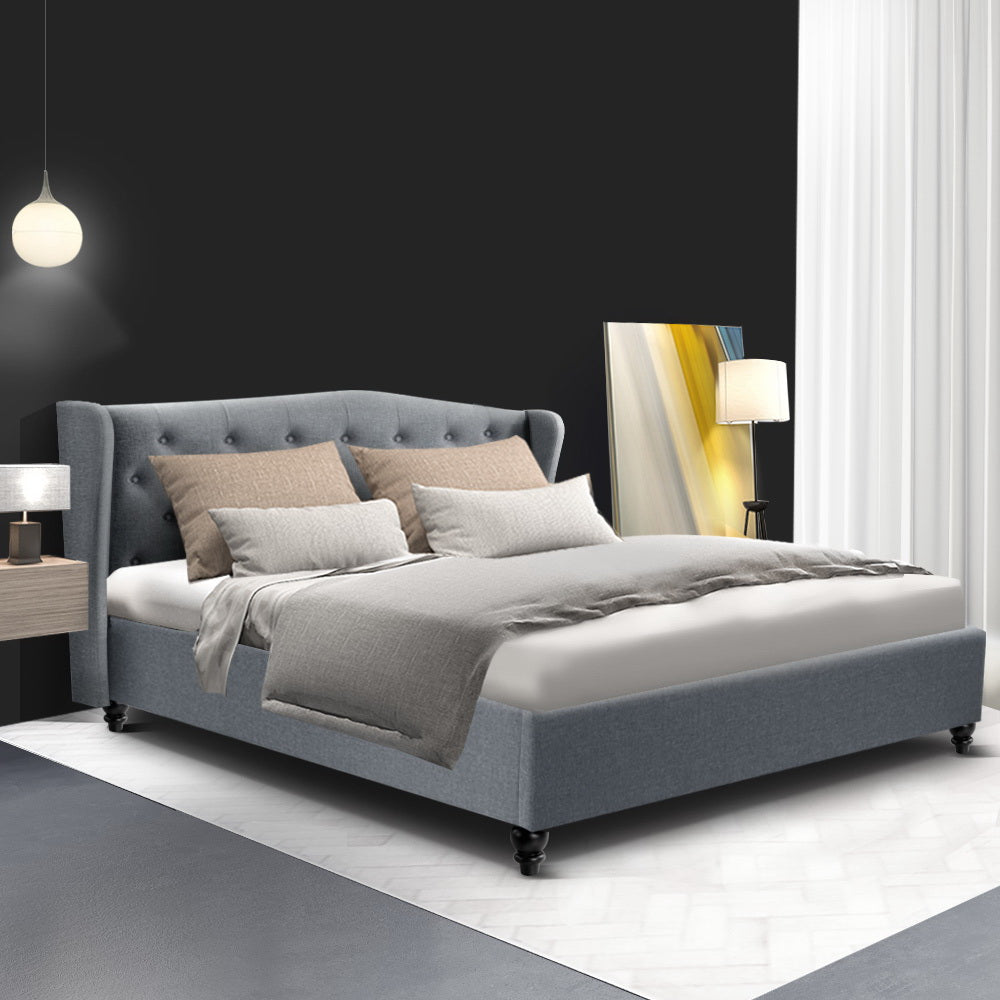 Pier Queen Bed Frame Grey Linen Upholstered