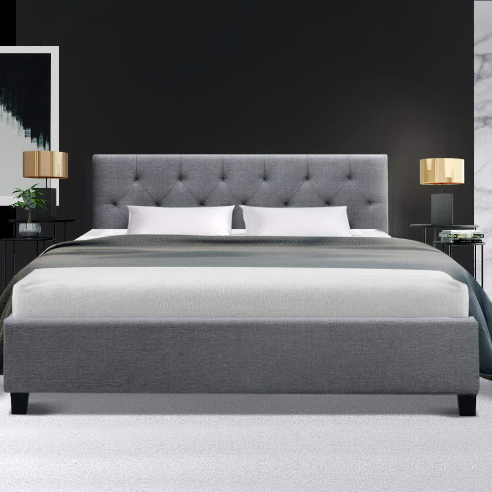 Vanke Upholstered Bed Frame Double Size Grey Faux Linen