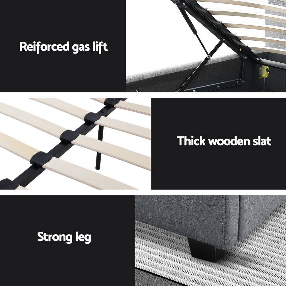 VILA Double Bed Frame Gas Lift Storage Grey
