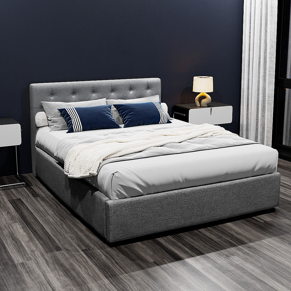 VILA Double Bed Frame Gas Lift Storage Grey