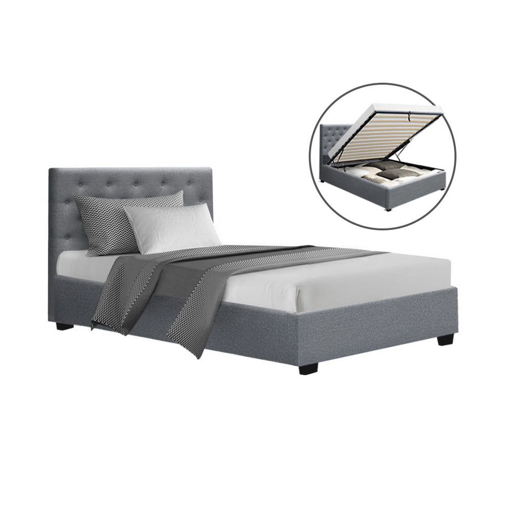 VILA King Single Bed Frame Gas Lift Storage Grey