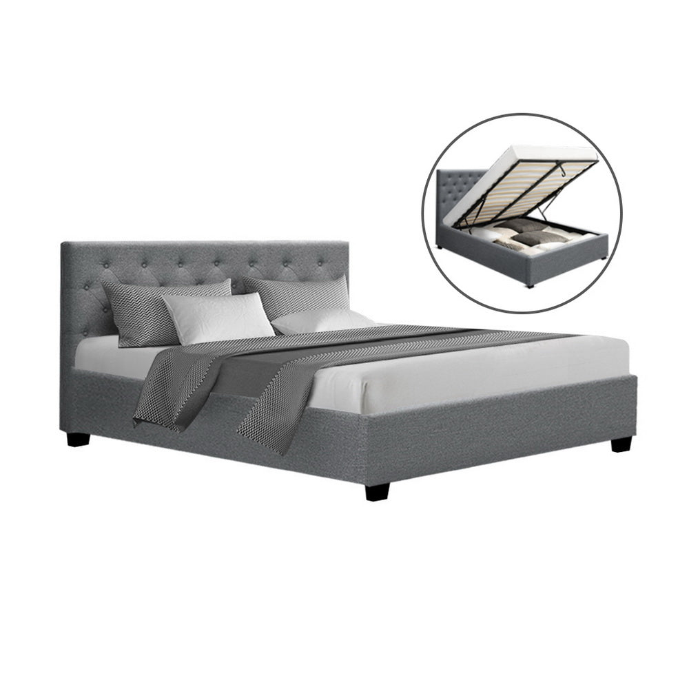 VILA Queen Bed Frame Gas Lift Storage Grey