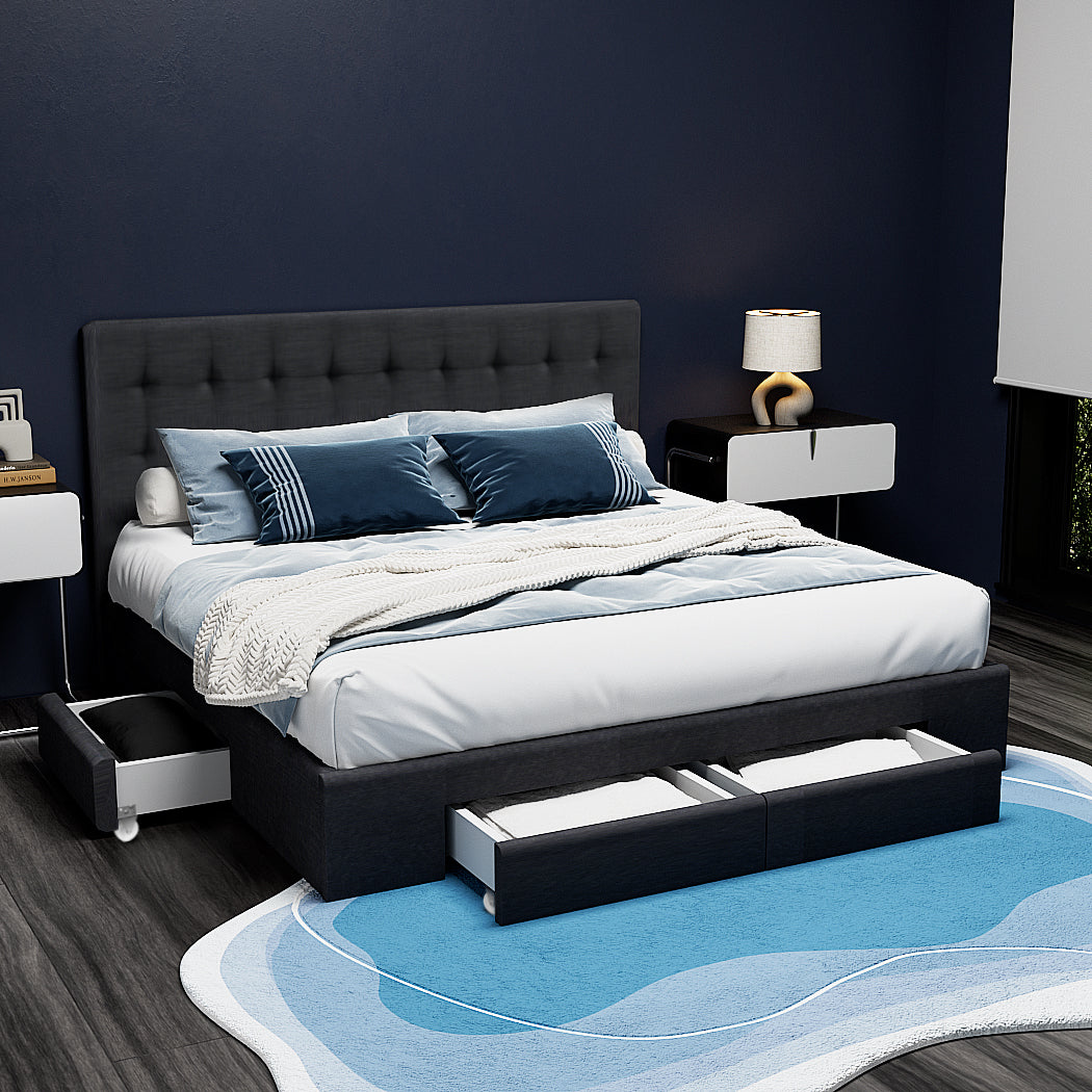 Avio Double Bed Frame with 4 Drawers and Tufted Headboard Grey