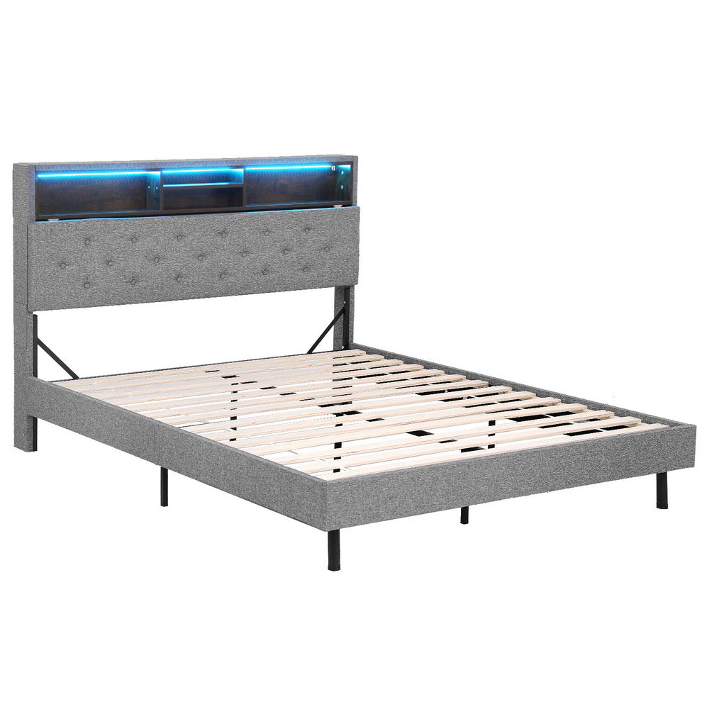 Midnight Double Bed Frame with LED Lights and Storage Headboard Grey