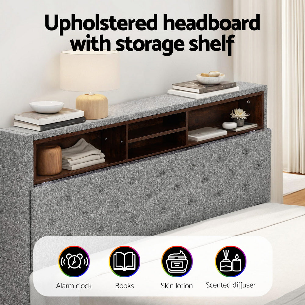 MIDNIGHT Queen Bed Frame LED Storage Platform Grey