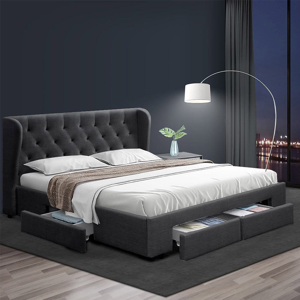 Mila King Bed Frame 4-Drawer Charcoal