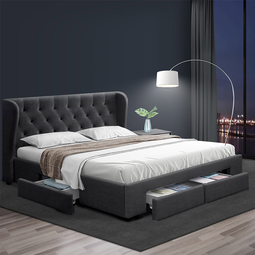 Mila Queen Bed Frame 4-Drawer Charcoal