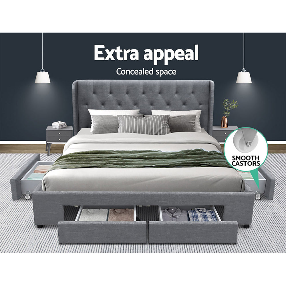 Mila Queen Bed Frame 4-Drawer Storage Grey