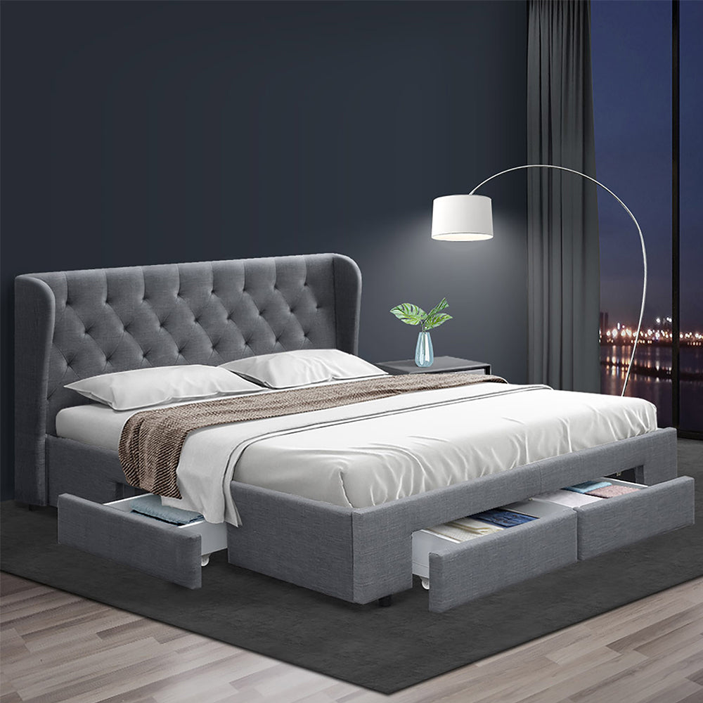 Mila Queen Bed Frame 4-Drawer Storage Grey
